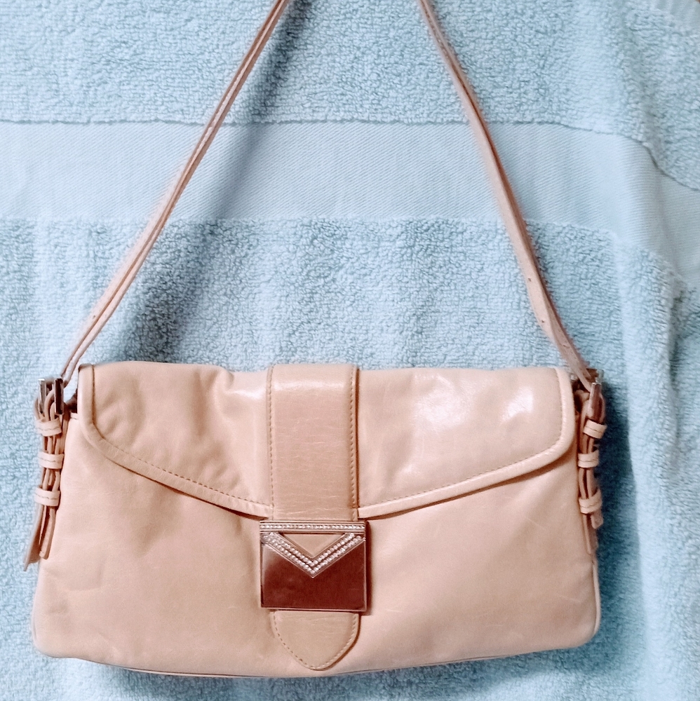 Vintage Via Spiga purse in camel beige with silver rhinestone magnetic closure